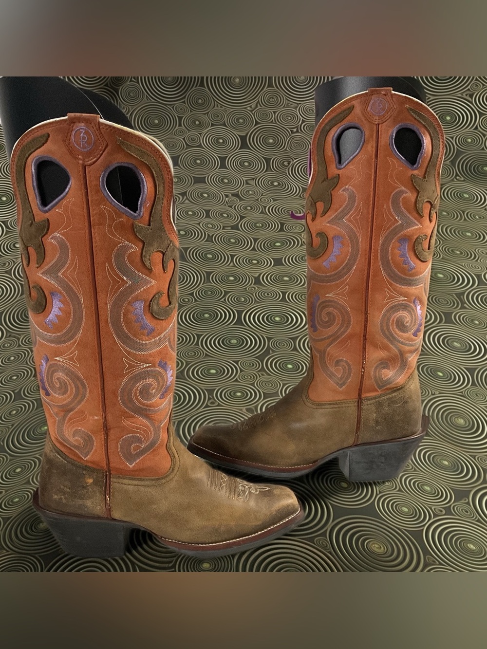Tony Lama Brown/Tan Western 3R Buckaroo Boots w/Purple Stitching Women Size 10B